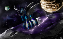 Size: 1024x640 | Tagged: safe, artist:kitcatstudio, nightmare moon, g4, armor, female, glowing eyes, lightning, magic, moon, planet, solo, space, spread wings