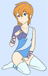 Size: 437x695 | Tagged: safe, artist:jonfawkes, oc, oc only, oc:cold front, human, :o, clothes, colored pupils, crossdressing, femboy, figure skating, humanized, kneeling, leotard, looking at you, male, ribbon, simple background, socks, solo, stockings, thigh highs