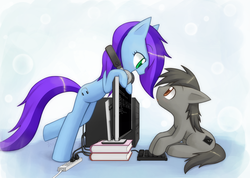 Size: 1407x1000 | Tagged: safe, artist:howxu, oc, oc only, oc:audio philia, oc:blinking cursor, pony, bipedal, bipedal leaning, book, computer, duo, headphones, keyboard