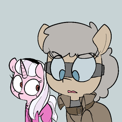 Size: 600x600 | Tagged: safe, artist:whydomenhavenipples, oc, oc only, oc:gingersnap, oc:terra, earth pony, pony, unicorn, northern excursion, clothes, colored, goggles
