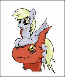 Size: 1758x2065 | Tagged: safe, artist:unitoone, derpy hooves, guilmon, pegasus, pony, g4, :p, crossover, digimon, duo, female, mare, pony hat, prone, riding, simple background, smiling, tongue out, white background