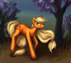 Size: 1783x1588 | Tagged: dead source, safe, artist:nyarmarr, applejack, earth pony, pony, g4, female, grass, hatless, looking away, missing accessory, solo, tree, windswept mane