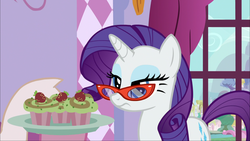 Size: 1920x1080 | Tagged: safe, screencap, pinkie pie, rarity, pony, canterlot boutique, g4, cupcake, food, glasses, rarity looking at food, rarity's glasses