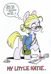 Size: 1812x2618 | Tagged: safe, artist:jay fosgitt, artist:katiecandraw, idw, oc, oc only, earth pony, pony, artist, blonde, clothes, comic, dexterous hooves, drawing, eyebrows, female, glasses, hoof hold, jacket, joke, katie cook, lampshade hanging, looking down, mare, paint, painting, parody, ponysona, satchel, shirt, solo