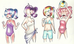 Size: 2813x1695 | Tagged: safe, artist:nina-chan5202, pinkie pie, rainbow dash, rarity, twilight sparkle, human, g4, armpits, clothes, horn, horned humanization, humanized, swimsuit