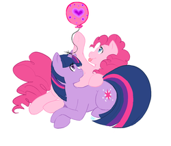 Size: 1265x1077 | Tagged: safe, artist:collaredginger, pinkie pie, twilight sparkle, pony, g4, balloon, female, lesbian, mare, ship:twinkie, shipping, tongue out