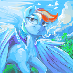 Size: 1500x1500 | Tagged: safe, artist:dimfann, rainbow dash, pegasus, pony, g4, cloud, female, looking at you, mare, sky, smiling, solo, spread wings, tree