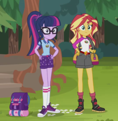 Size: 539x553 | Tagged: safe, screencap, sci-twi, sunset shimmer, twilight sparkle, equestria girls, g4, my little pony equestria girls: legend of everfree, camp everfree outfits, clothes, converse, cropped, legs, ponytail, shoes, sneakers