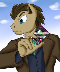 Size: 914x1093 | Tagged: safe, artist:kamenriderpegasus, doctor whooves, time turner, anthro, g4, blue eyes, card, clothes, coat, doctor who, kamen rider, kamen rider decade, male, necktie, suit, the doctor