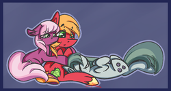 Size: 863x463 | Tagged: safe, artist:rosejule, big macintosh, cheerilee, marble pie, earth pony, pony, g4, big macintosh gets all the mares, cheeribetes, cheerimarblemac, cute, eyes closed, happy, hug, macabetes, male, marblebetes, ot3, polyamory, ship:cheerimac, ship:marblemac, shipping, smiling, stallion, straight