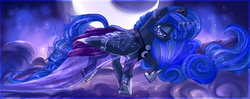 Size: 4000x1590 | Tagged: safe, artist:segraece, princess luna, g4, clothes, dress, ear piercing, earring, face paint, female, horn, horn jewelry, jewelry, moon, night, piercing, solo