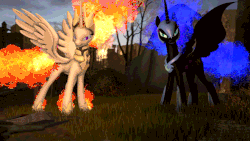 Size: 660x371 | Tagged: safe, artist:forsakenknightmare, artist:gen-ma, nightmare moon, nightmare star, alicorn, pony, g4, 3d, animated, collaboration, corrupted, female, grin, mane of fire, nightmarified, smiling, source filmmaker, spread wings, the fourth wall cannot save you, xk-class end-of-the-world scenario