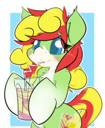 Size: 1350x1650 | Tagged: safe, artist:bbsartboutique, oc, oc only, oc:mango tango, pony, bipedal, blushing, chest fluff, coat markings, cup, cute, drinking, fluffy, hoof hold, male, pale belly, smiling, smoothie, socks (coat markings), solo, straw, trap