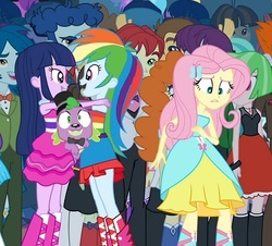 Size: 440x398 | Tagged: safe, edit, screencap, bright idea, captain planet, carrot top, curly winds, drama letter, fluttershy, golden harvest, golden hazel, heath burns, indigo wreath, micro chips, rainbow dash, scribble dee, some blue guy, spike, teddy t. touchdown, tennis match, twilight sparkle, watermelody, wiz kid, dog, equestria girls, g4, my little pony equestria girls, background human, boots, fall formal outfits, high heel boots, spike the dog