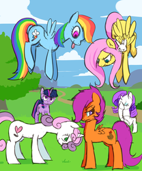 Size: 2500x3000 | Tagged: safe, artist:verrmont, angel bunny, fluttershy, rainbow dash, rarity, scootaloo, sweetie belle, twilight sparkle, pegasus, pony, unicorn, g4, abuse, bully, bullying, facehoof, flutterbitch, flying, horn, horn poke, older, older scootaloo, older sweetie belle, out of character, poking, rainbow douche, scootabuse, scootachicken, tongue out, unicorn twilight