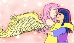 Size: 2701x1593 | Tagged: dead source, safe, artist:shiko-k, fluttershy, twilight sparkle, human, g4, clothes, duo, female, horn, horned humanization, humanized, lesbian, off shoulder, ship:twishy, shipping, sweater, sweatershy, winged humanization