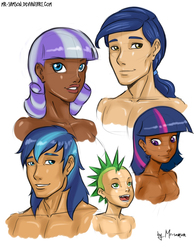 Size: 1162x1497 | Tagged: safe, artist:mr-samson, night light, shining armor, spike, twilight sparkle, twilight velvet, human, g4, bust, dark skin, family photo, humanized, moderate dark skin, mohawk, sketch, spike's family