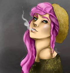 Size: 1543x1615 | Tagged: safe, artist:rayna-crazy, fluttershy, human, g4, clothes, female, hat, humanized, off shoulder, smoking, solo