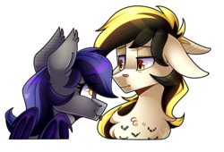 Size: 2543x1727 | Tagged: safe, artist:shyshyoctavia, oc, oc only, oc:echo, oc:silent flight, bat pony, hippogriff, pony, :p, tongue out, unamused