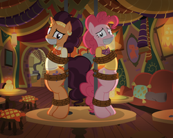 Size: 1024x819 | Tagged: safe, artist:radiantrealm, pinkie pie, saffron masala, earth pony, pony, g4, spice up your life, bipedal, bondage, clothes, commission, duo, duo female, ear piercing, female, gag, help us, kidnapped, piercing, pole, ropes, scared, show accurate, tape gag, the tasty treat