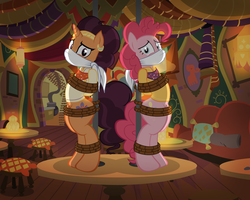 Size: 1024x819 | Tagged: safe, artist:radiantrealm, pinkie pie, saffron masala, earth pony, pony, g4, spice up your life, bipedal, bondage, cloth gag, clothes, commission, duo, duo female, ear piercing, female, gag, help us, kidnapped, piercing, pole, ropes, scared, show accurate, the tasty treat