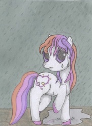 Size: 1209x1657 | Tagged: safe, artist:hypnographkitty, light heart, earth pony, pony, g2, g4, crying, g2 to g4, generation leap, heart, looking at you, rain, sad, solo