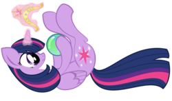 Size: 2716x1592 | Tagged: safe, artist:avarick, twilight sparkle, alicorn, pony, g4, big crown thingy, element of magic, female, globe, jewelry, mare, on back, regalia, simple background, solo, transparent background, twilight sparkle (alicorn)