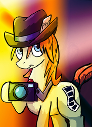 Size: 1700x2338 | Tagged: safe, artist:murkrowzy, press pass, press release (g4), earth pony, pony, g4, camera, hat, smiling, solo