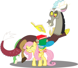 Size: 4307x3805 | Tagged: safe, artist:spacekingofspace, discord, fluttershy, draconequus, pegasus, pony, g4, keep calm and flutter on, book, duo, duo male and female, female, gritted teeth, heavy, male, mare, simple background, straining, sweat, teeth, transparent background