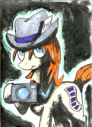 Size: 1700x2338 | Tagged: safe, artist:murkrowzy, press pass, press release (g4), earth pony, pony, g4, camera, hat, smiling, solo, traditional art