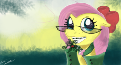 Size: 4701x2544 | Tagged: safe, artist:auroriia, artist:journeyxp, fluttershy, pony, g4, braces, glasses, holly, looking at you, smiling, solo