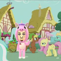 Size: 640x640 | Tagged: safe, edit, edited screencap, screencap, fluttershy, lyra heartstrings, quarter hearts, zephyr breeze, flutter brutter, g4, my little pony: friendship is magic, clothes, link, mii, miitomo, pony costume, the legend of zelda