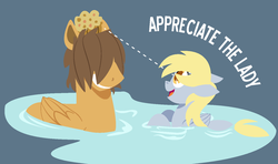 Size: 1430x848 | Tagged: safe, artist:dbkit, derpy hooves, hoops, pegasus, pony, g4, crack shipping, ditzyhoops, duo, eyes on the prize, female, male, mare, muffin, pegaduck, shipping, stallion, straight, water, wet