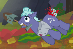 Size: 792x526 | Tagged: safe, screencap, steel bolts, pony, g4, the hooffields and mccolts, cropped, food, mccolt family, not blood, shovel, solo, tomato