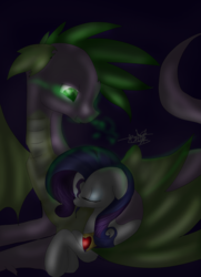 Size: 1600x2207 | Tagged: safe, artist:fleetyarrowdraw, rarity, spike, g4, dark, female, fire ruby, glowing eyes, male, older, older spike, ship:sparity, shipping, straight, winged spike, wings