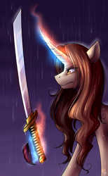 Size: 2000x3250 | Tagged: safe, artist:cosmalumi, oc, oc only, oc:golden pen, pony, unicorn, high res, katana, magic, rain, solo, sword, weapon