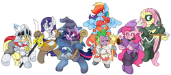 Size: 4000x1767 | Tagged: safe, artist:blackbewhite2k7, applejack, fluttershy, pinkie pie, rainbow dash, rarity, spike, twilight sparkle, g4, arrow, aura, bard, bard pie, blade, bow (weapon), bow and arrow, cleric, commission, domino mask, fantasy class, fighter, group, knight, mage, magic, mane seven, mane six, ranger, rogue, rpg, spear, staff, wand, warrior, weapon