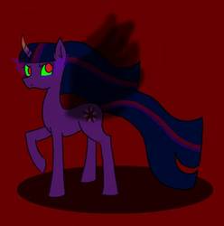 Size: 660x664 | Tagged: safe, artist:ginagin, twilight sparkle, oc, oc:queen evertide, alicorn, pony, g4, artificial wings, augmented, colored horn, corrupted, corrupted twilight sparkle, curved horn, dark magic, darkened coat, darkened hair, evil, fanfic, horn, magic, red background, series finale, simple background, sombra eyes, sombra horn, twilight sparkle (alicorn), wings