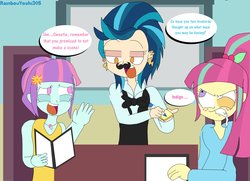 Size: 3895x2817 | Tagged: safe, artist:rainbowyoshi305, indigo zap, sour sweet, sunny flare, equestria girls, g4, date, fake moustache, female, high res, lesbian, restaurant, shipping, sourflare