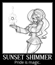 Size: 556x651 | Tagged: safe, artist:bigdad, edit, sunset shimmer, equestria girls, g4, female, monochrome, motivational poster, solo