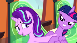 Size: 1280x720 | Tagged: safe, screencap, starlight glimmer, twilight sparkle, alicorn, pony, g4, the crystalling, grin, lidded eyes, nervous, open mouth, out of context, pushing, smiling, twilight sparkle (alicorn)