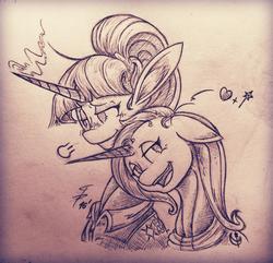 Size: 3128x3015 | Tagged: safe, artist:tamikimaru, starlight glimmer, trixie, pony, unicorn, g4, female, high res, lesbian, mare, neck nuzzle, nuzzling, ship:startrix, shipping, traditional art