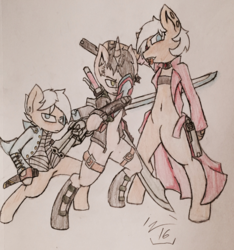 Size: 1280x1370 | Tagged: safe, artist:glassmenagerie, oc, oc only, oc:cella, oc:gestalt, earth pony, pony, unicorn, bipedal, blue rose (gun), clothes, cosplay, costume, dante (devil may cry), devil bringer, devil may cry, devil may cry 3, devil may cry 4, ear piercing, ebony (devil may cry), gun, ivory (devil may cry), katana, nero (devil may cry), piercing, red queen, sword, tongue out, tongue piercing, trenchcoat, vergil (devil may cry), weapon, yamato (devil may cry)