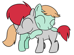Size: 1378x1036 | Tagged: safe, artist:dindu norgay, peach fuzz, train tracks (g4), earth pony, pony, g4, colt, duo, eyes closed, female, filly, male, peachtrain, shipping, simple background, straight, white background