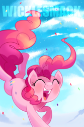 Size: 1024x1536 | Tagged: safe, artist:wicklesmack, pinkie pie, earth pony, pony, g4, confetti, cute, deviantart watermark, diapinkes, eyes closed, female, mare, obtrusive watermark, open mouth, sky, solo, watermark