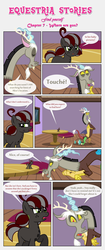 Size: 1919x4557 | Tagged: safe, artist:estories, discord, oc, oc:squeaky pitch, draconequus, earth pony, pony, comic:find yourself, g4, comic, cushion, micro, table