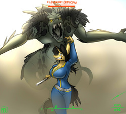 Size: 1280x1152 | Tagged: safe, artist:thedrunkcoyote, oc, oc only, oc:amber steel, deathclaw, unicorn, anthro, big breasts, breasts, cleavage, clothes, fallout, fallout 4, fangs, female, glowing eyes, handgun, jumpsuit, overalls, running, sharp teeth, vault suit