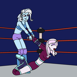 Size: 1028x1020 | Tagged: safe, artist:avispaneitor, fleur-de-lis, trixie, equestria girls, g4, equestria girls wrestling series, wrestling, wrestling ring