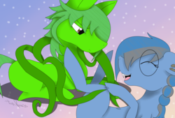 Size: 1600x1081 | Tagged: safe, artist:winter-hope-73011, oc, oc only, oc:dark script, oc:lime tendril, bat pony, pony, tentacle pony, consentacles, cute, eyes closed, fangs, glasses, laughing, tentacles, tickling