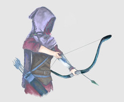 Size: 1024x845 | Tagged: safe, artist:offknight, sour sweet, equestria girls, g4, arrow, bow (weapon), bow and arrow, cloak, clothes, female, human coloration, quiver, simple background, solo, traditional art, weapon